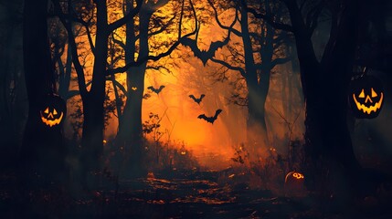 A dark forest with exaggerated shadows and hidden Halloween creatures