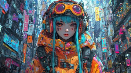 Fototapeta premium Cyberpunk Anime Girl with Goggles and Headphones in Neon City