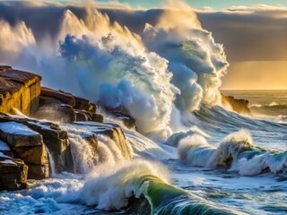 Fototapeta premium A close-up of massive waves pounding against a rocky shoreline, with spray and foam frozen in mid-air, and a misty veil rising from the ocean.