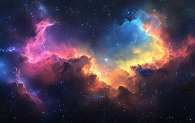 Vibrant nebulae glow in a vast cosmic landscape.