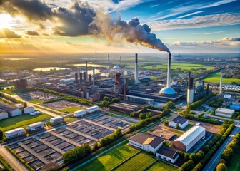 A sweeping aerial view of a sprawling industrial complex, with factories and chimneys stretching to the horizon