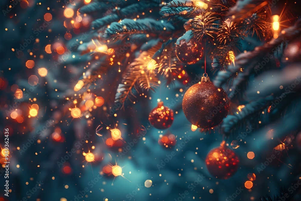 Poster a tree branch with ornaments and snow.