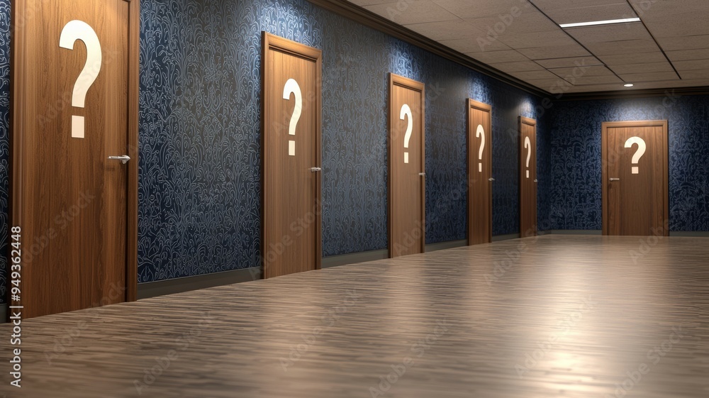 Poster a hallway with a series of doors with question marks on them