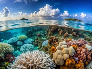 Naklejka premium A split-screen image comparing a lush, healthy coral reef with a bleached, dead one, emphasizing the devastating effects of ocean warming.