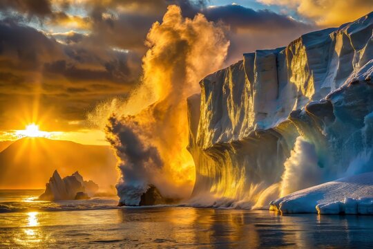 Golden hour shot of a massive iceberg calving, with a burst of sunlight illuminating the newly exposed ice wall, emphasizing the enormity of the event.
