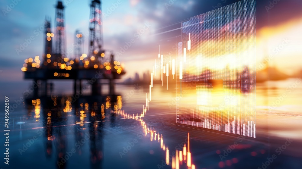 Poster a computer screen shows a graph of oil prices and a picture of a platform