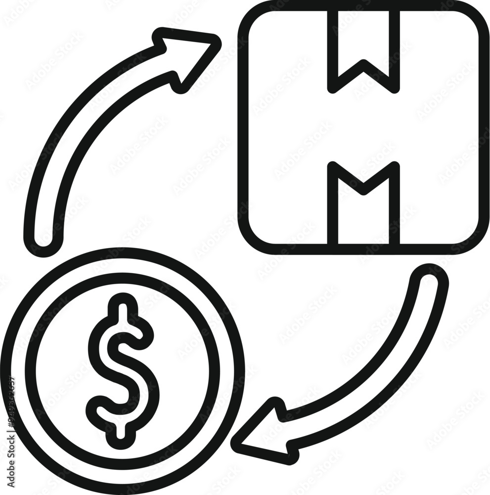 Poster line icon concept of money circulation process with a cardboard box and a dollar coin rotating with 