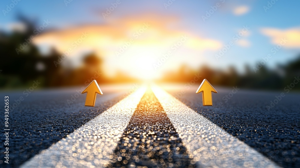 Poster two arrows pointing up on a road, one on the left and one on the right