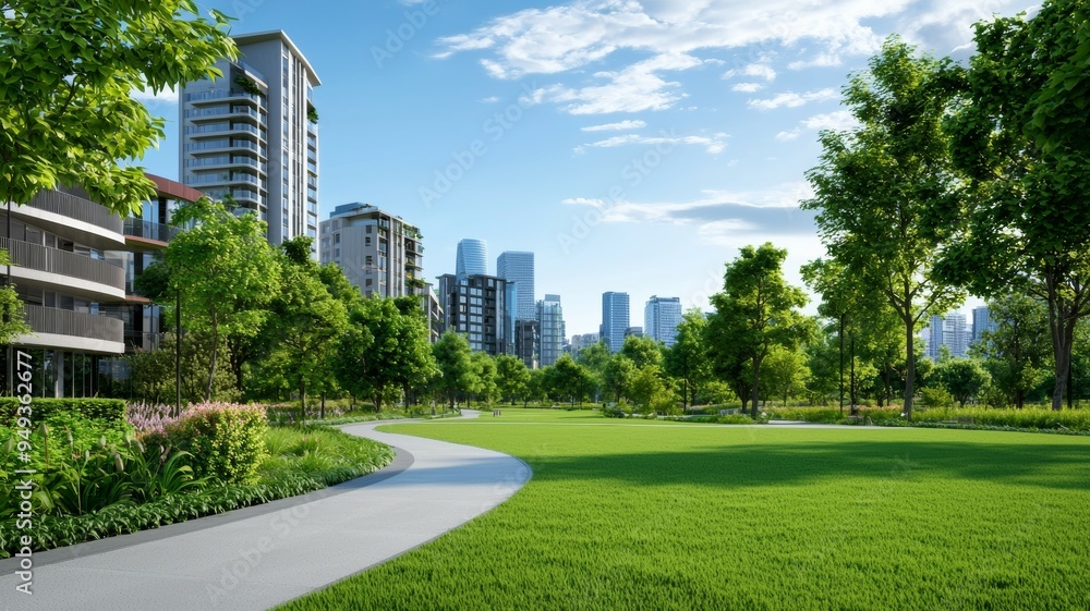 Poster a city park with a path through it and a large building in the background