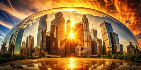 Obraz premium Looking up from the ground, a massive, shimmering heat dome appears to engulf the city, with skyscrapers distorted, as if melted by the sun's rays.