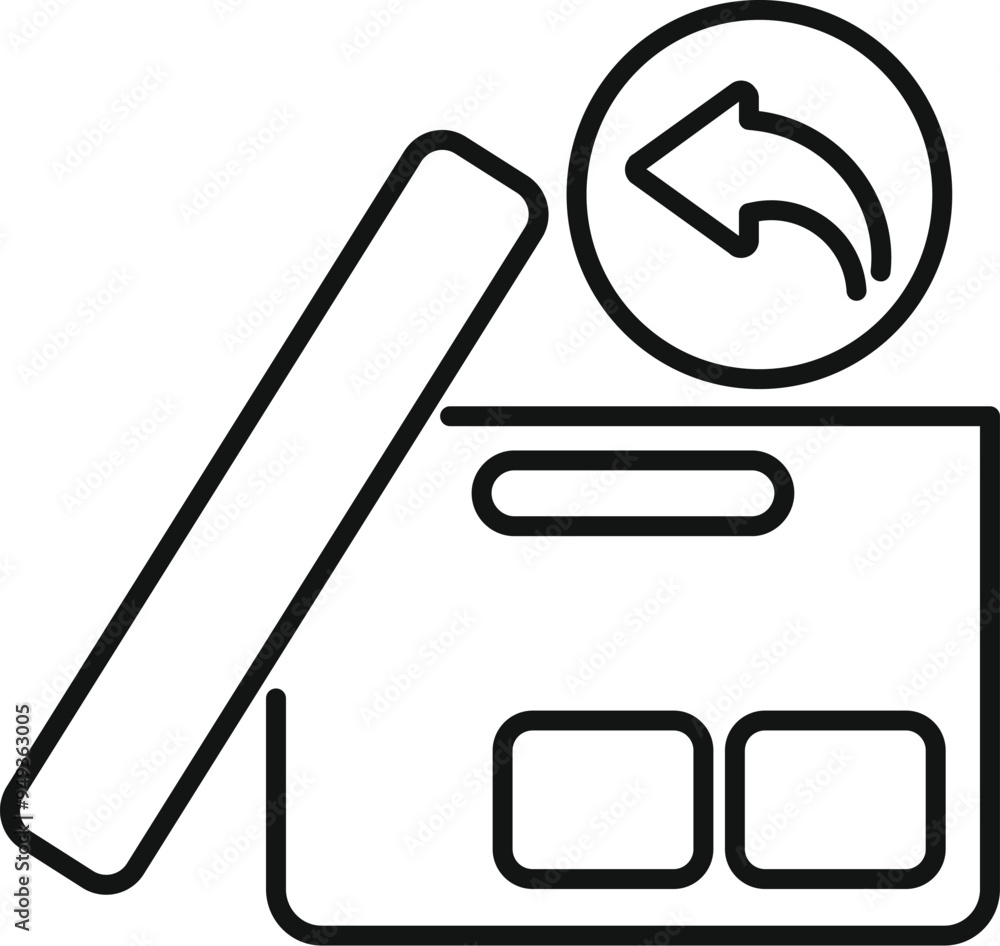 Poster line drawing of an open cardboard box with return sign, symbolizing a return process for online shop