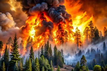A devastating wildfire raging through a dry forest, with flames engulfing trees and smoke billowing into the atmosphere, captured in a vivid and lifelike image.