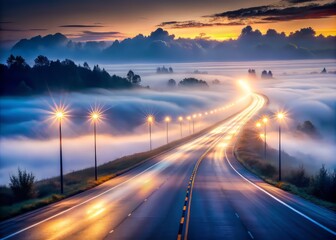 Fototapeta premium Surreal fog banks rolling in over a deserted highway, headlights casting an eerie glow
