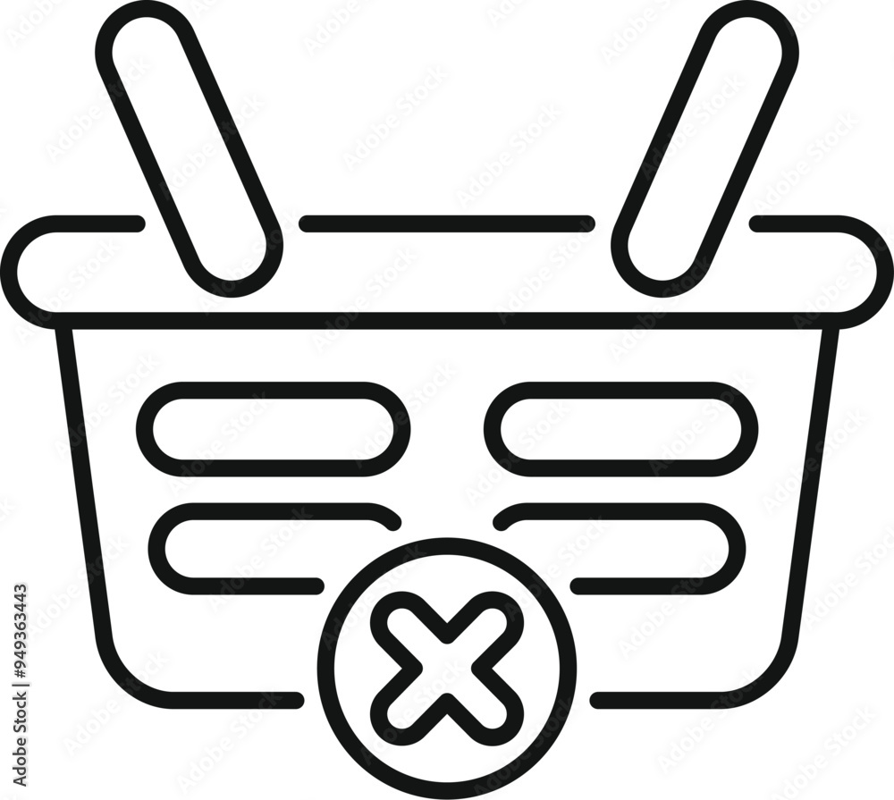 Poster simple vector icon of an empty shopping basket with a cross, representing an unsuccessful or cancell