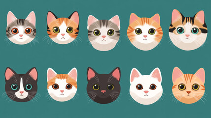 Colorful illustration of various cat faces arranged in a grid pattern with different expressions and fur patterns against a teal background