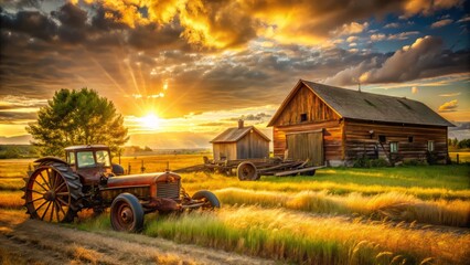 Obraz premium Warm, golden light casting a nostalgic glow over a retro-style agricultural landscape, with vintage machinery and crumbling barns