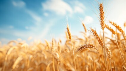 Fototapeta premium A field of golden wheat with a clear blue sky in the background by AI generated image
