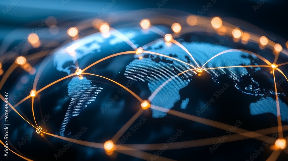 Poster a globe with many lines connecting it