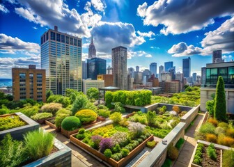 Fototapeta premium Rooftop garden overflowing with vibrant greenery, surrounded by city skyscrapers and a bright blue sky with puffy white clouds