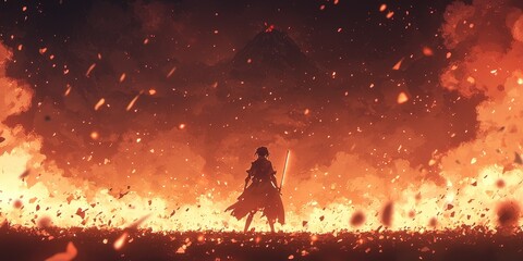 Warrior Silhouette Standing in a Field of Flames With a Mountain in the Background