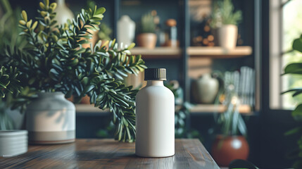 A white bottle with a black lid sits on a wooden table, with a leafy plant and a bookshelf in the background. The bottle is in focus, while the background is blurry.
