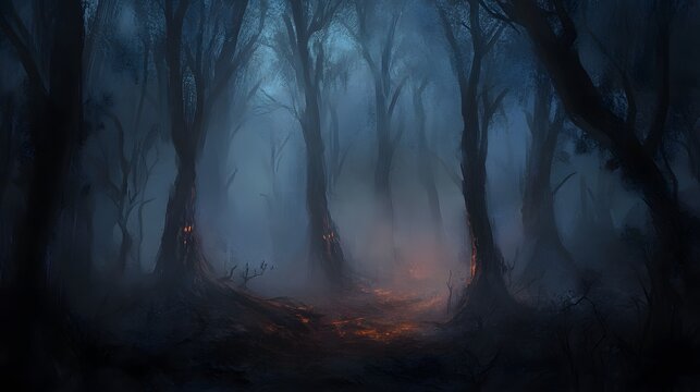 A fog-filled forest with deep shadows and hidden Halloween creatures