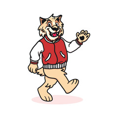 Friendly School Wildcat Bobcat Walking Waving Hand Cartoon Icon Illustration Education Isolated Vector