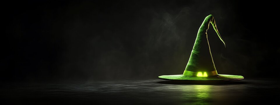 A Green Witch Hat With Glowing Eyes On A Black Background With Smoke