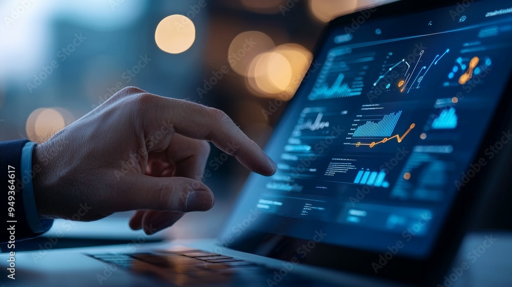 Poster a person is pointing at a laptop screen with a graph on it
