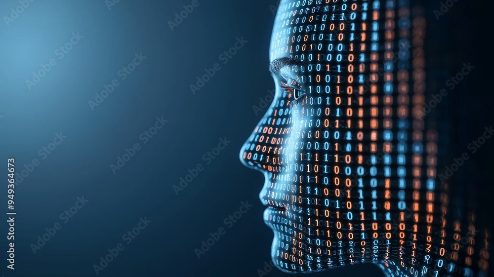 Poster a computer generated face with a blue background