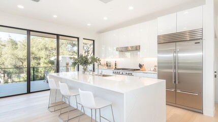 Modern Kitchen Island with White Cabinets and Stainless Steel Appliances