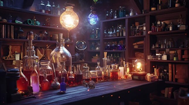 Enchanting wizard house with an amazing magic lab room filled with mystical objects and glowing artifacts, creating a magseamless looping 4k time-lapse virtual video animation background. generated ai