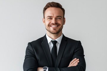 Portrait of handsome caucasian man in formal suit looking at camera smiling with toothy smile isolated in white background. Confident businessman ceo boss freelancer manager with generative ai