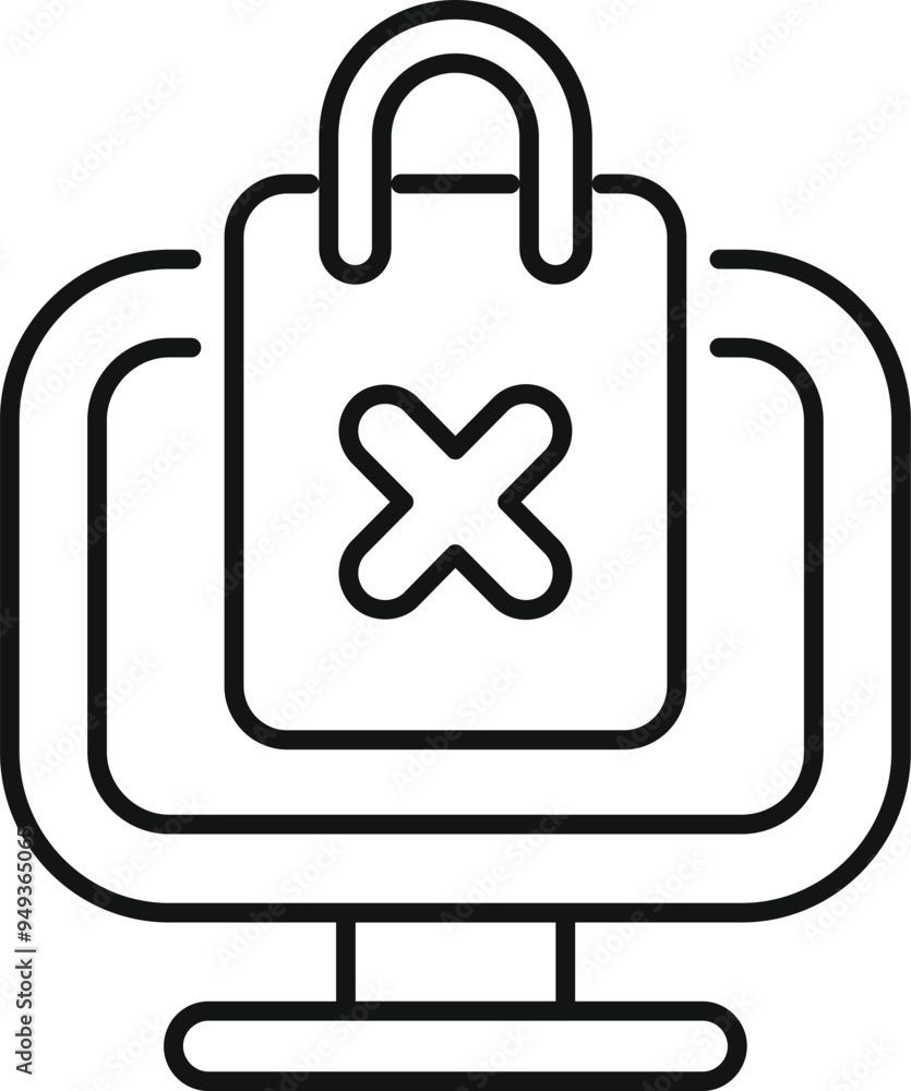 Poster line drawing vector of a shopping bag with a cross sign on a computer screen, representing order can