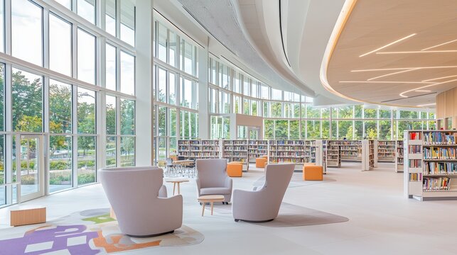 Modern Library Interior with Large Windows and Comfortable Seating