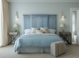 Calm setup with light blue headboard, soft lighting, and a folding screen.