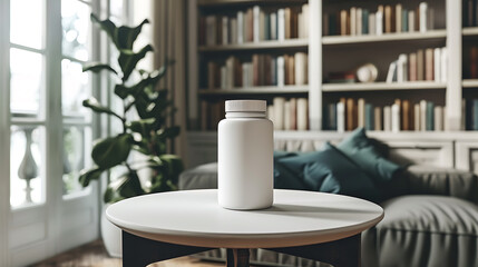 A white pill bottle sits on a white side table in a living room with a bookshelf and a couch in the background.