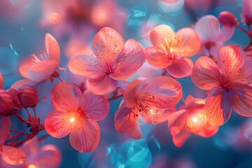 Fototapeta premium a close up of pink flowers on blue background. 