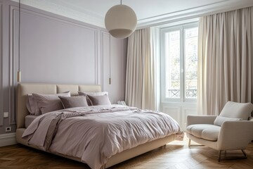 Minimal lilac bedroom with wood floor, cream drapes, pastel bed, and sleek pendant lighting.