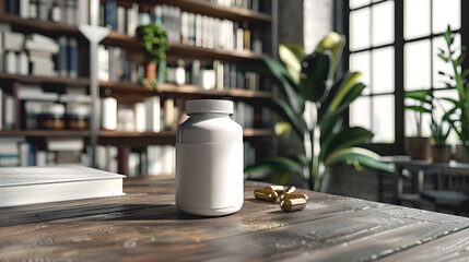 A white pill bottle sits on a wooden table with a few pills scattered nearby. The bottle is blank, ready for your own label.