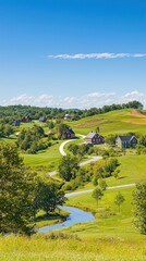 Obraz premium Countryside Farm Houses Green Grass River Blue Sky Scenic Landscape