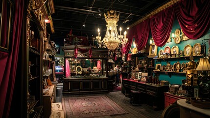 Pawn shop located grand opera house with customers exploring vintage costumes rare musical instruments and historic theater memorabilia The shop captures the glamour and history of the performing arts