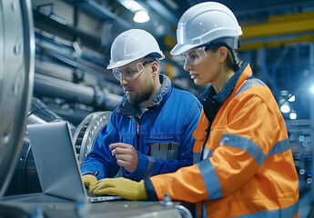 Two workers in safety gear are looking at a laptop computer