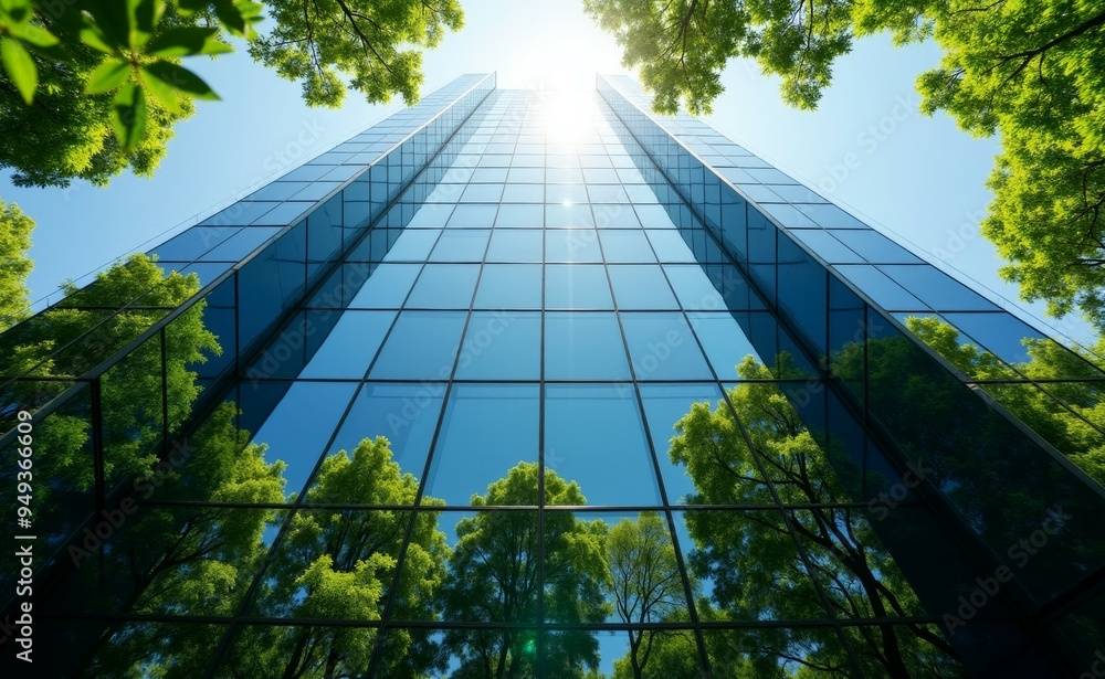 Poster a tall building with a lot of windows and trees in the background