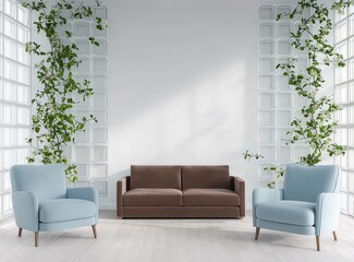 Simplified room with powder blue chairs, cocoa brown sofa, oak floor.