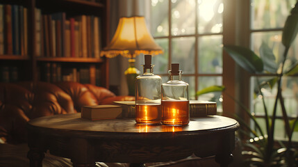 Two glass bottles filled with amber liquid sit on a wooden table, bathed in the warm glow of the sun streaming through a nearby window.