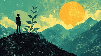 concept of personal growth, featuring a stylized figure ascending a staircase of blooming flowers, each step representing a stage of self-improvement and transformation