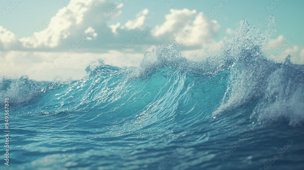 Poster waves crashing against each other under a bright sky with scattered clouds in a serene ocean setting