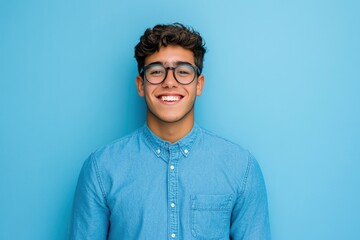 Fototapeta premium Portrait of young smiling latin man in blue shirt and glasses, feeling confident, isolated on blue background with generative ai