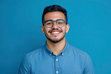 Obraz premium Portrait of young smiling latin man in blue shirt and glasses, feeling confident, isolated on blue background with generative ai